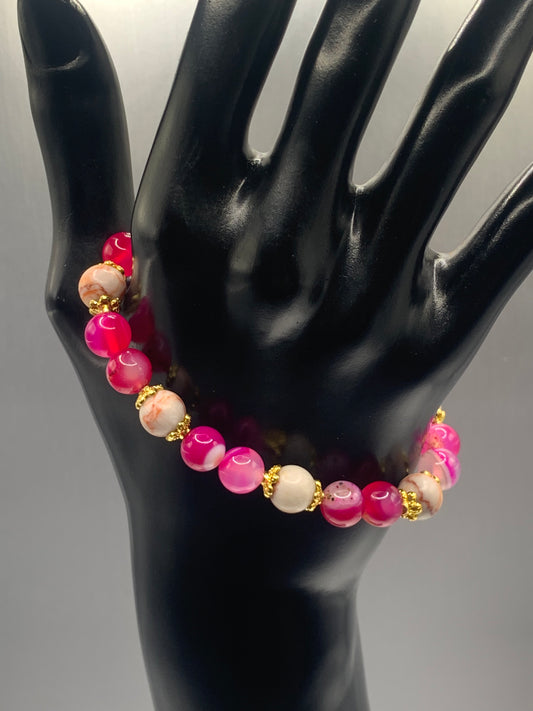 Red vein jasper and pink lace agate semi precious stone/crystal elastic beaded bracelet with gold plated flower bead caps