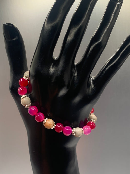 Red vein jasper and pink lace agate semi precious stone/crystal elastic beaded bracelet with silver plated flower bead caps