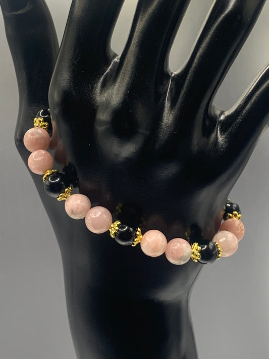 Black obsidian with pink opal semi precious stone/crystal beaded elastic bracelet with gold plated flower bead caps
