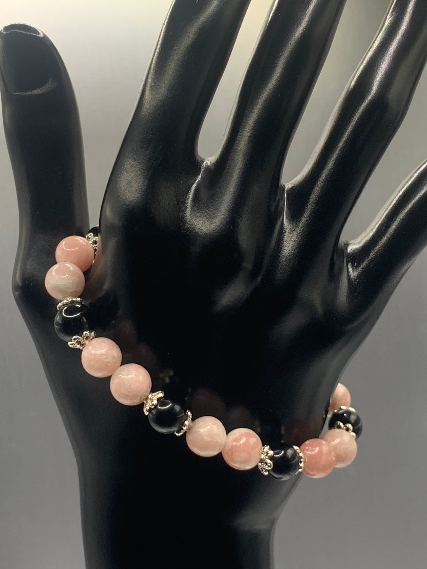 Black obsidian with pink opal semi precious stone/crystal beaded elastic bracelet with silver plated flower bead caps