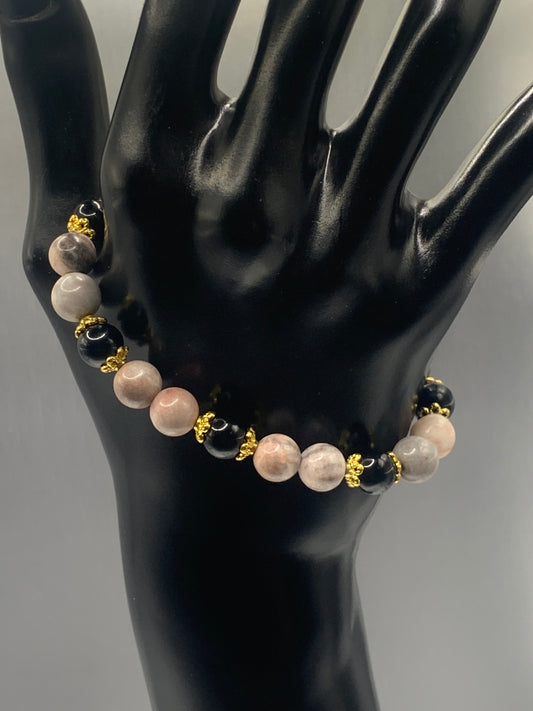 Black obsidian with pink zebra jasper semi precious stone/crystal beaded elastic bracelet with gold plated flower bead caps