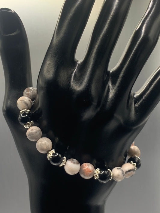 Black obsidian with pink zebra jasper semi precious stone/crystal beaded elastic bracelet with silver plated flower bead caps