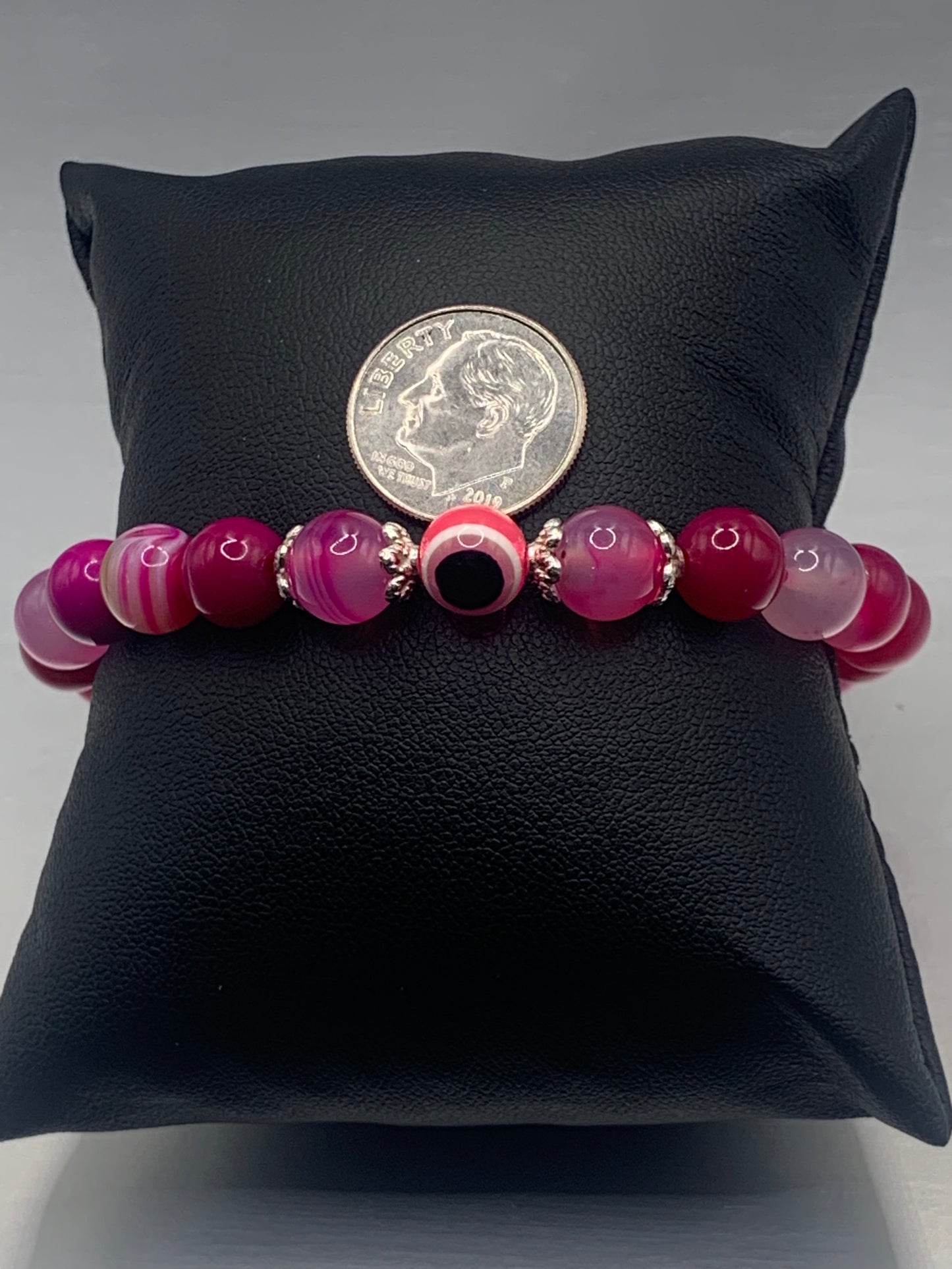 Pink lace agate semi precious stone/crystal with resin evil eye beaded elastic bracelet