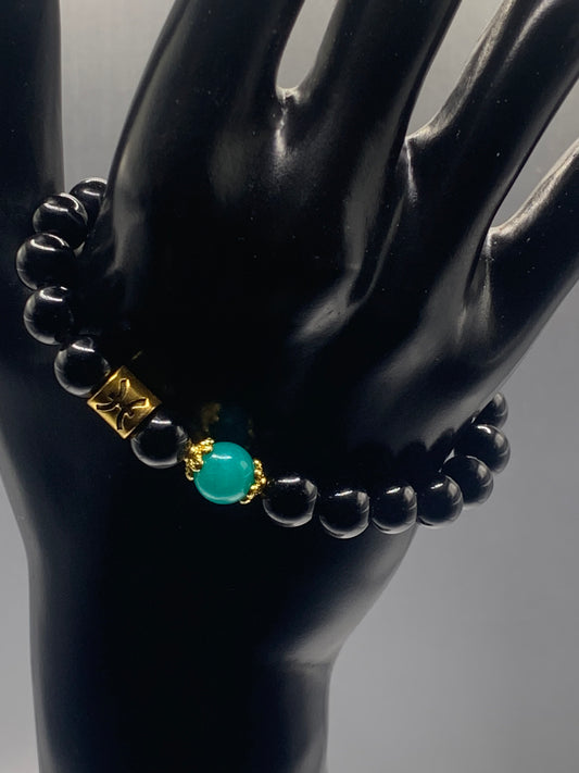 Pisces Zodiac black obsidian with aquamarine chalcedony elastic beaded bracelet with gold accents