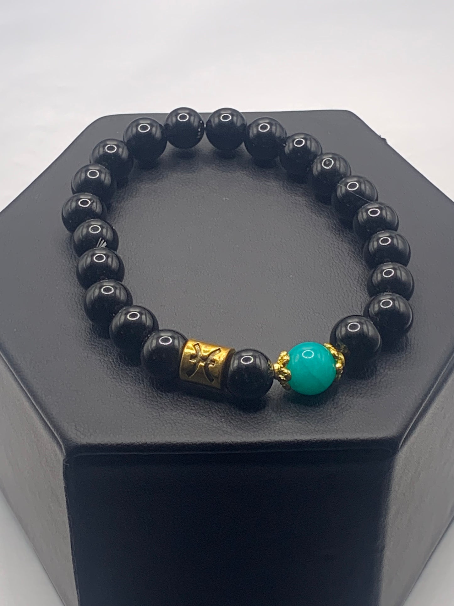 Pisces Zodiac black obsidian with aquamarine chalcedony elastic beaded bracelet with gold accents