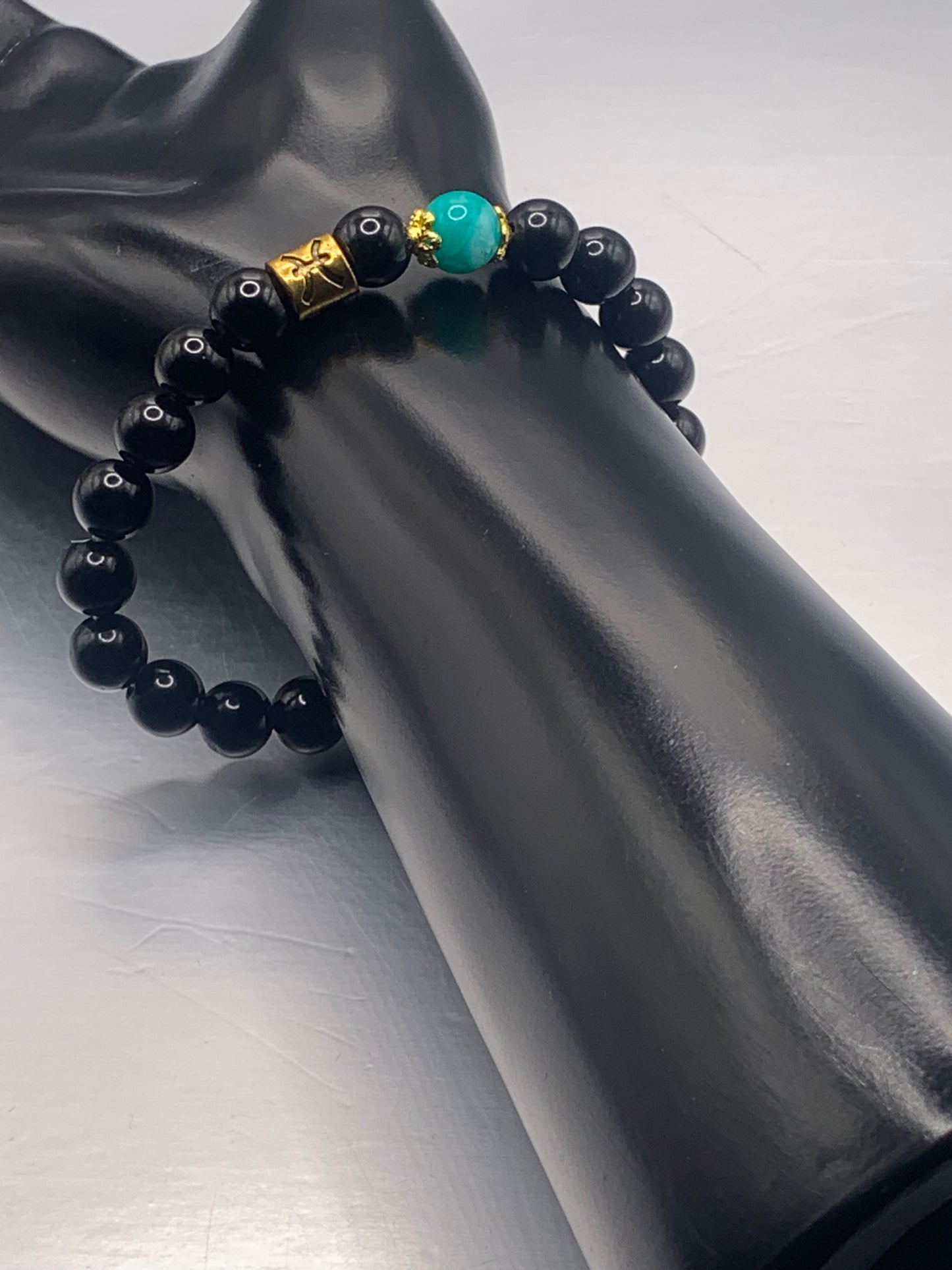 Pisces Zodiac black obsidian with aquamarine chalcedony elastic beaded bracelet with gold accents