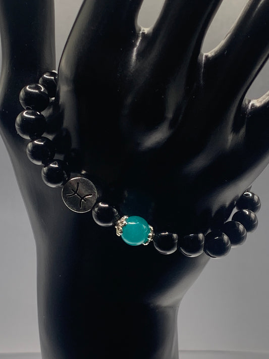 Pisces Zodiac black obsidian with aquamarine chalcedony elastic beaded bracelet with silver accents