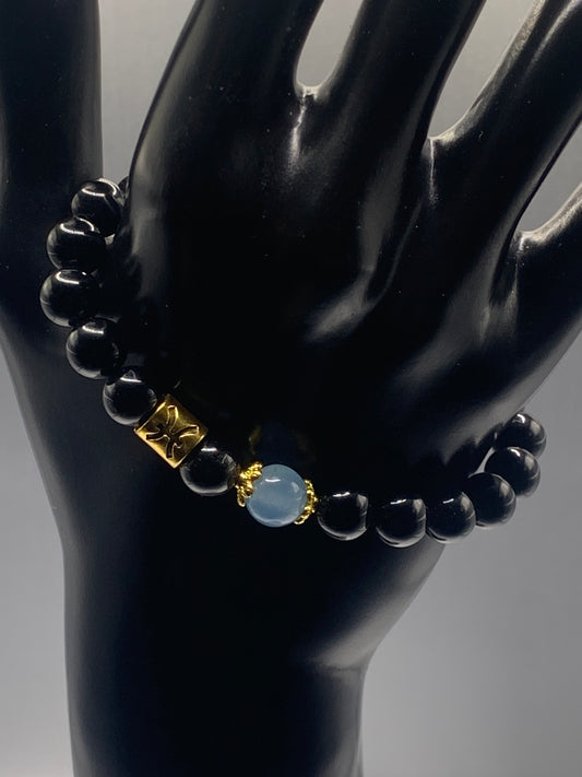 Pisces Zodiac black obsidian with blue agate elastic beaded bracelet with gold accents