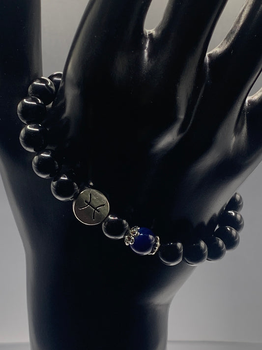 Pisces Zodiac black obsidian with blue lace agate elastic beaded bracelet with silver accents