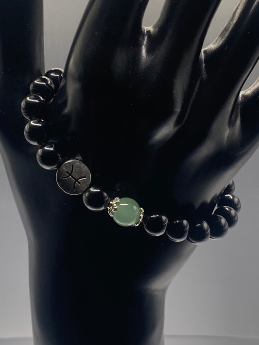 Pisces Zodiac black obsidian with green aventurine elastic beaded bracelet with silver accents