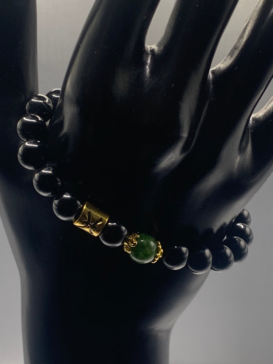 Pisces Zodiac black obsidian with green tourmaline elastic beaded bracelet with gold accents