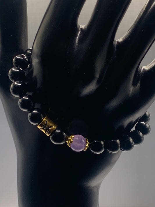 Pisces Zodiac black obsidian with lavender agate elastic beaded bracelet with gold accents