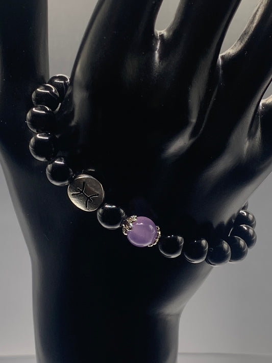 Pisces Zodiac black obsidian with lavender agate elastic beaded bracelet with silver accents