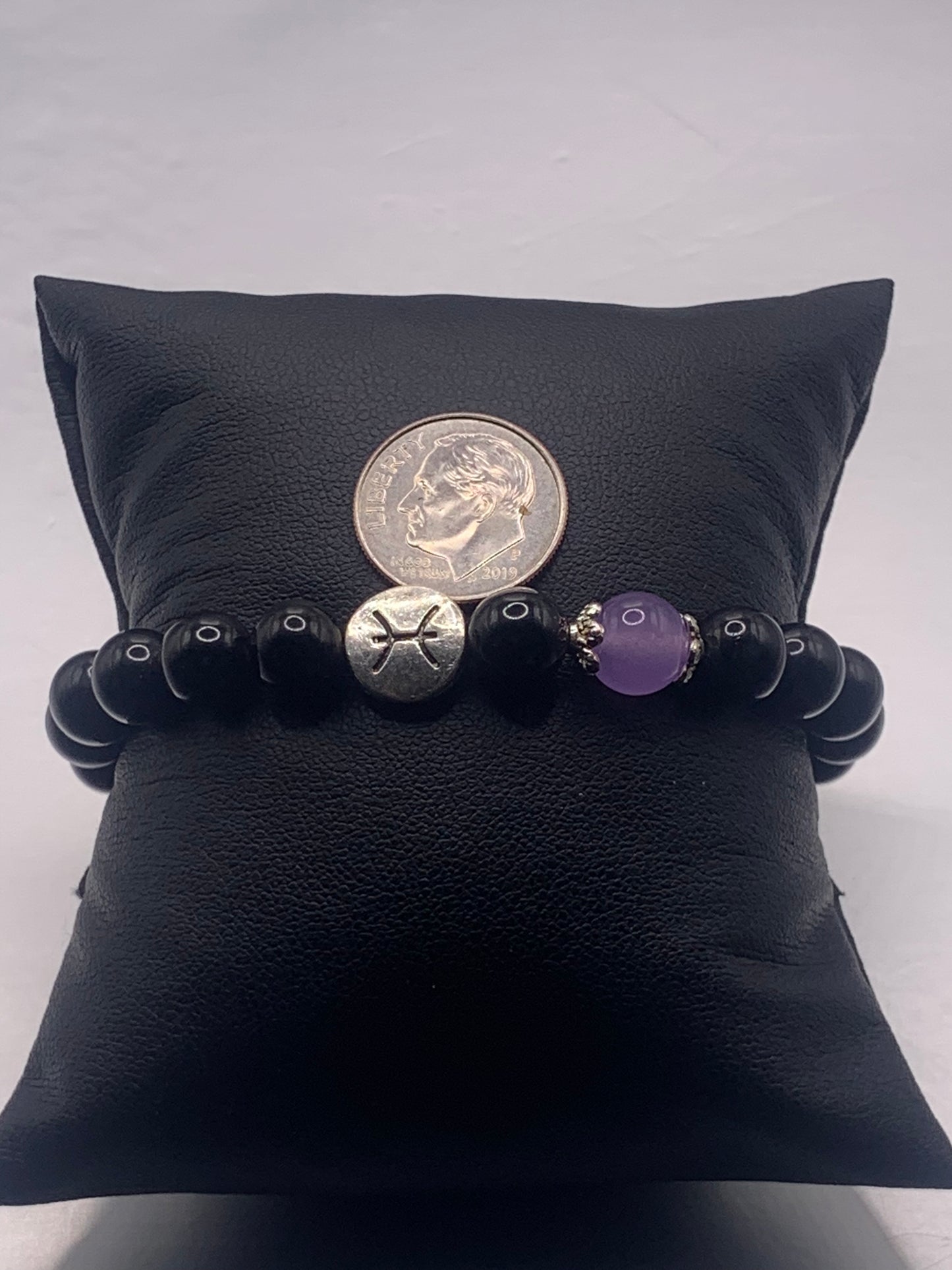 Pisces Zodiac black obsidian with lavender agate elastic beaded bracelet with silver accents