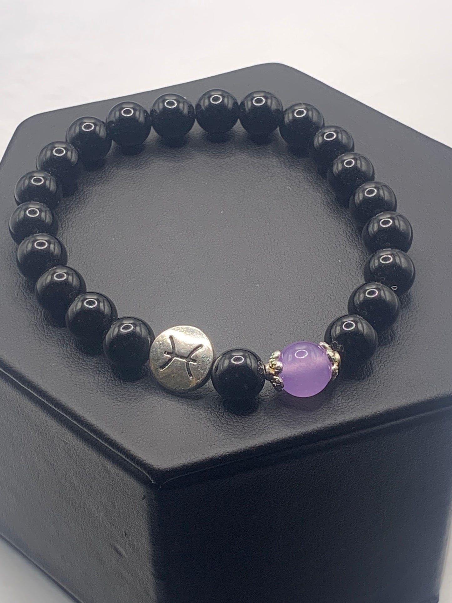 Pisces Zodiac black obsidian with lavender agate elastic beaded bracelet with silver accents