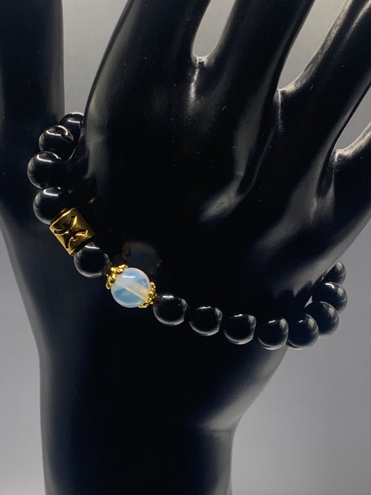 Pisces Zodiac black obsidian with opalite elastic beaded bracelet with gold accents