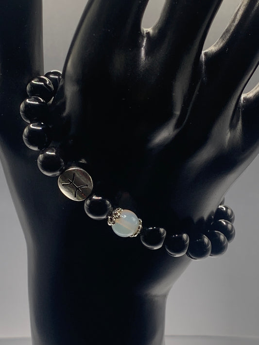 Pisces Zodiac black obsidian with opalite elastic beaded bracelet with silver accents