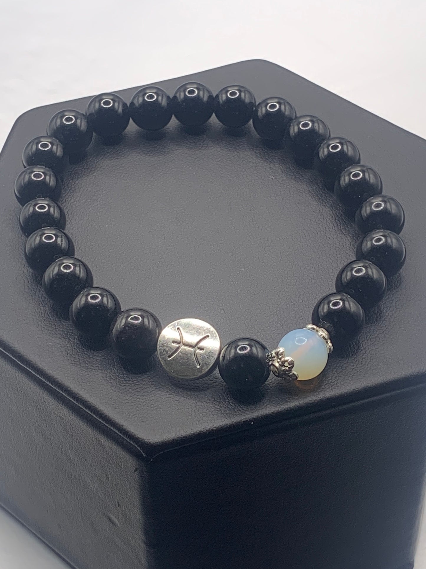 Pisces Zodiac black obsidian with opalite elastic beaded bracelet with silver accents
