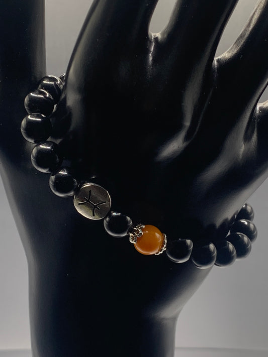 Pisces Zodiac black obsidian with orange agate elastic beaded bracelet with silver accents