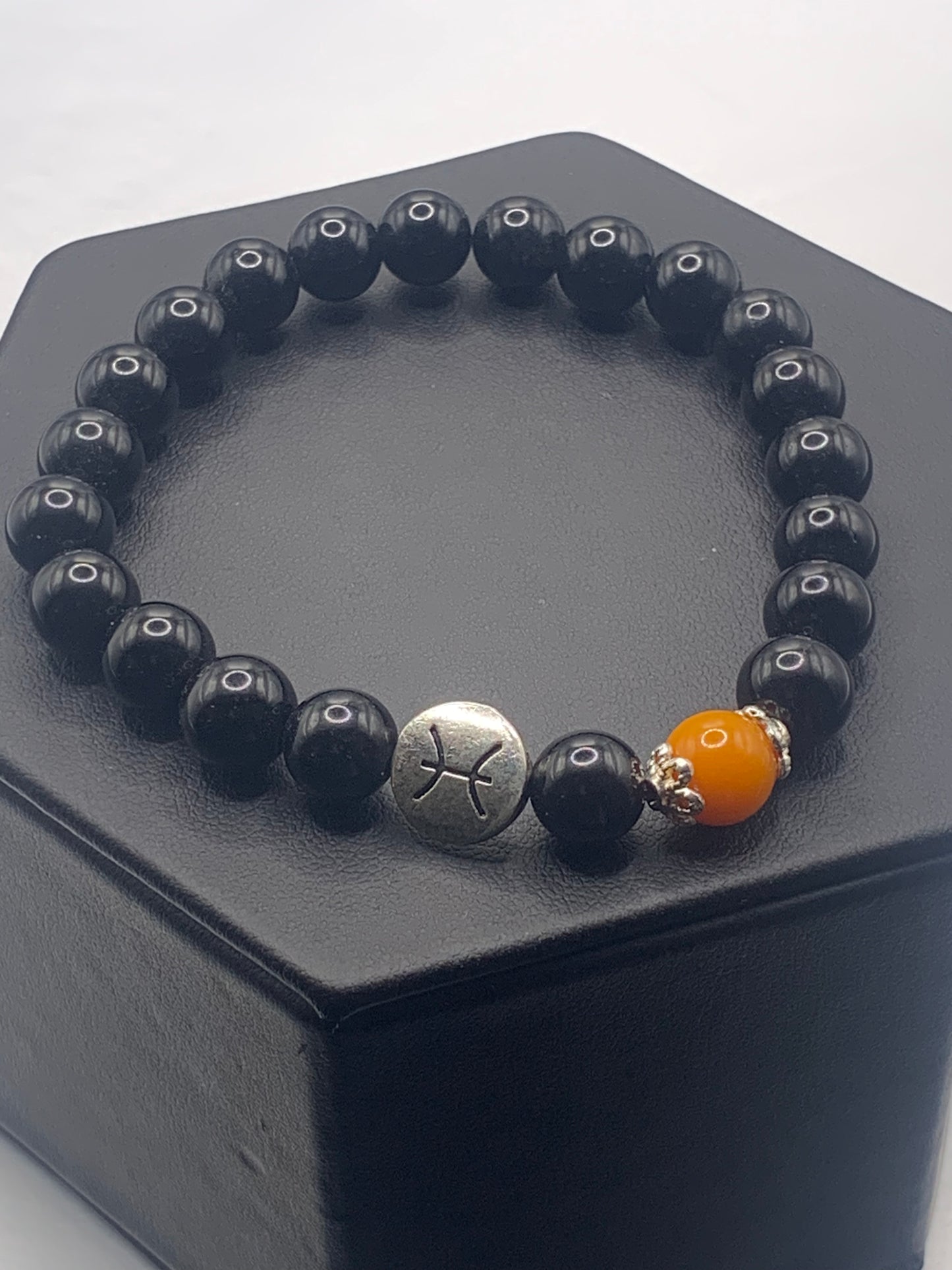 Pisces Zodiac black obsidian with orange agate elastic beaded bracelet with silver accents