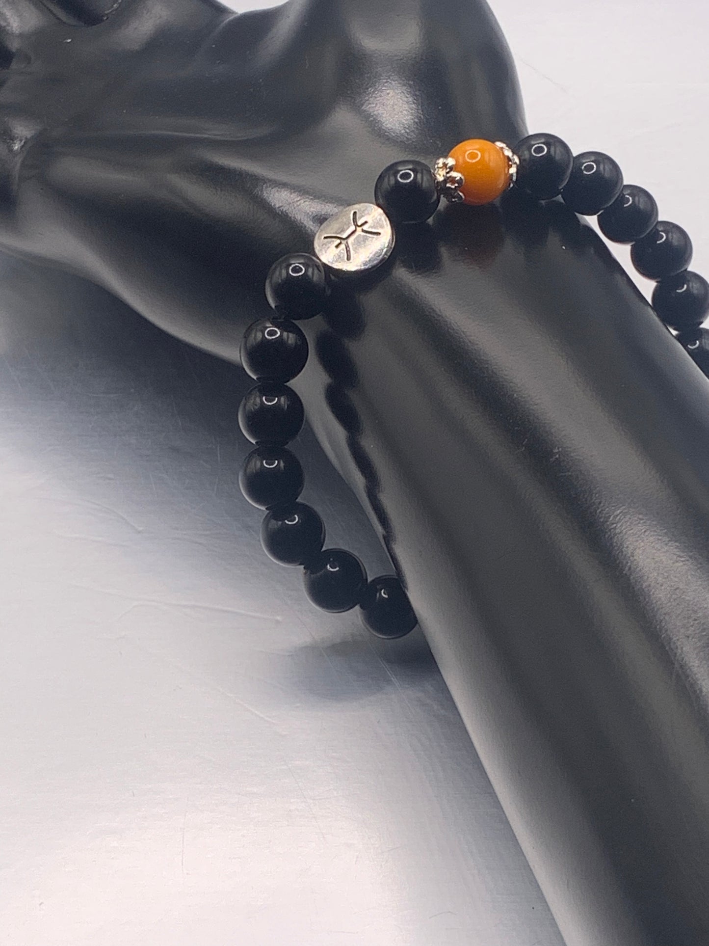 Pisces Zodiac black obsidian with orange agate elastic beaded bracelet with silver accents