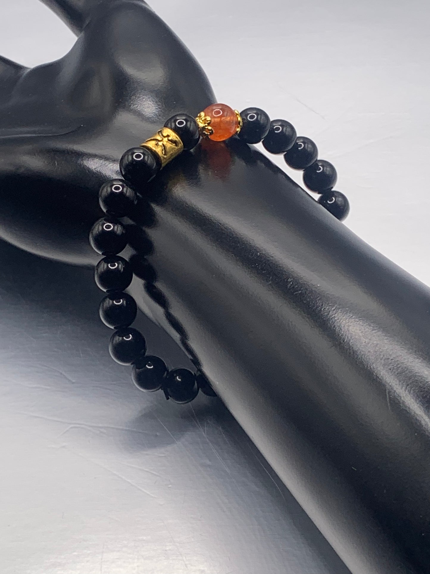 Pisces Zodiac black obsidian with phoenix agate elastic beaded bracelet with gold accents