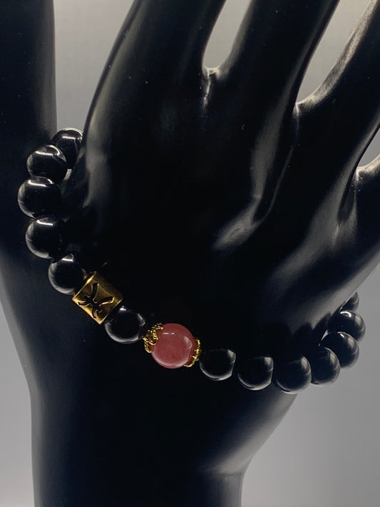 Pisces Zodiac black obsidian with pink chalcedony elastic beaded bracelet with gold accents