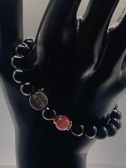 Pisces Zodiac black obsidian with pink chalcedony elastic beaded bracelet with silver accents