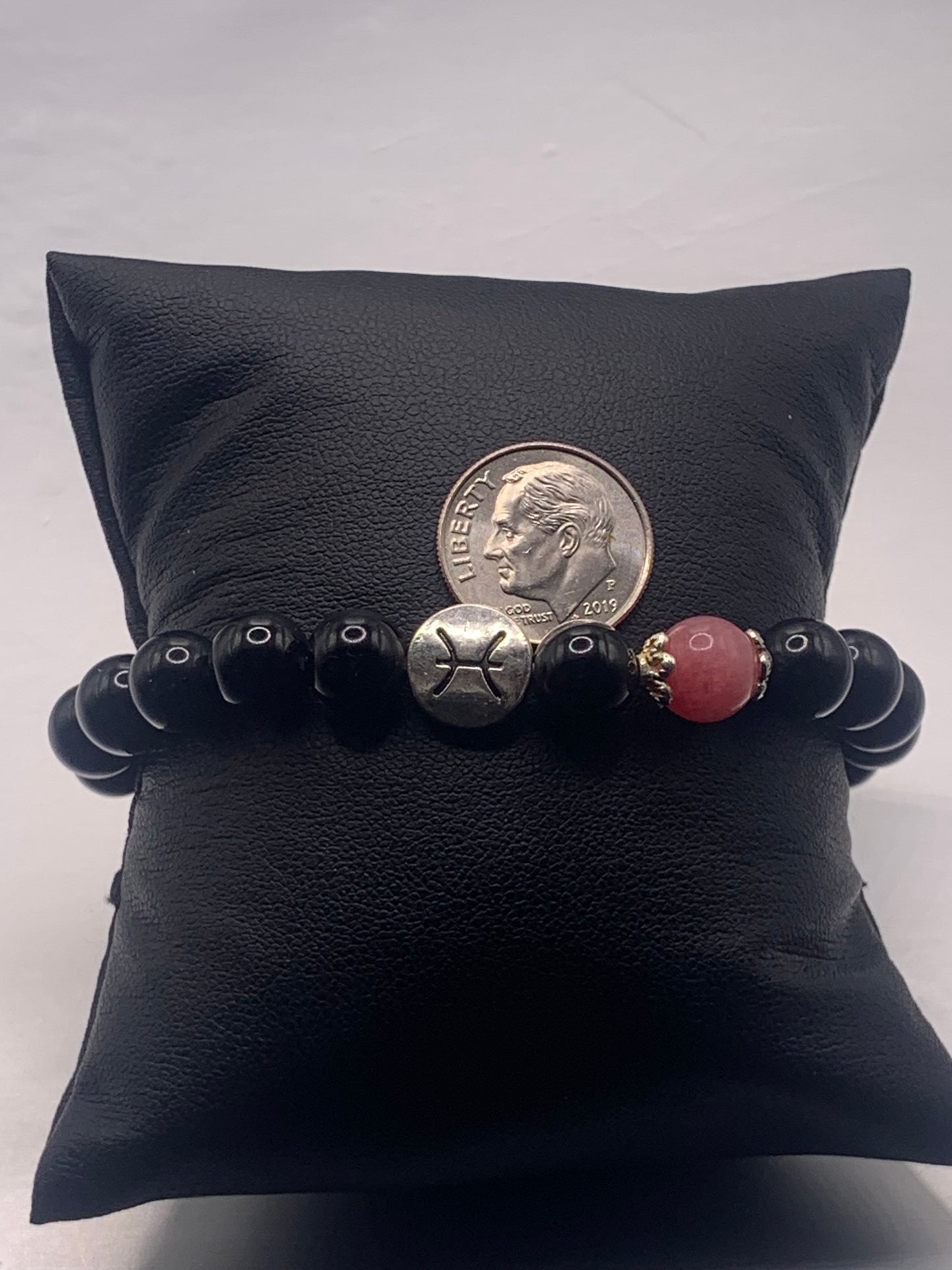 Pisces Zodiac black obsidian with pink chalcedony elastic beaded bracelet with silver accents