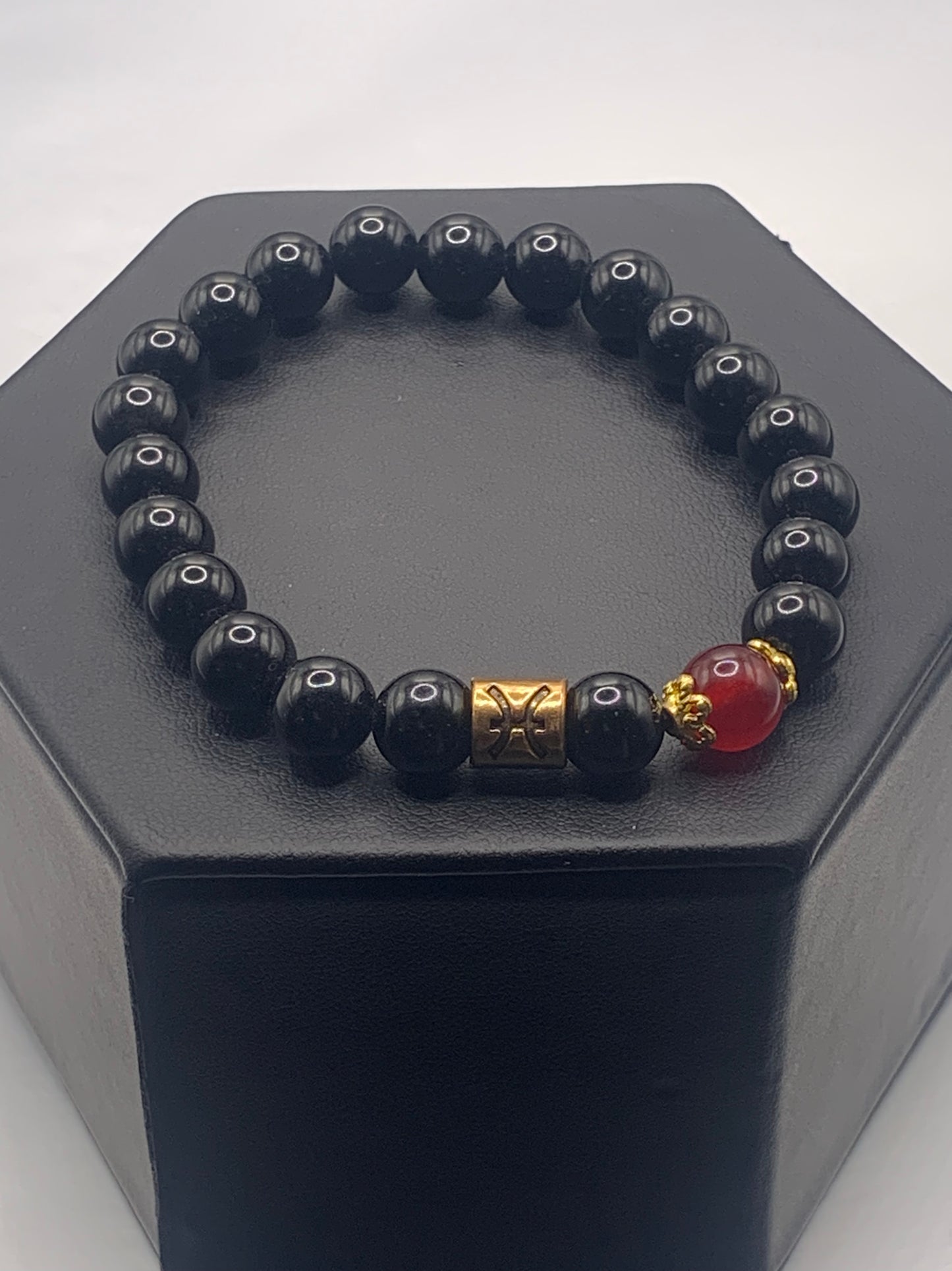 Pisces Zodiac black obsidian with red chalcedony elastic beaded bracelet with gold accents