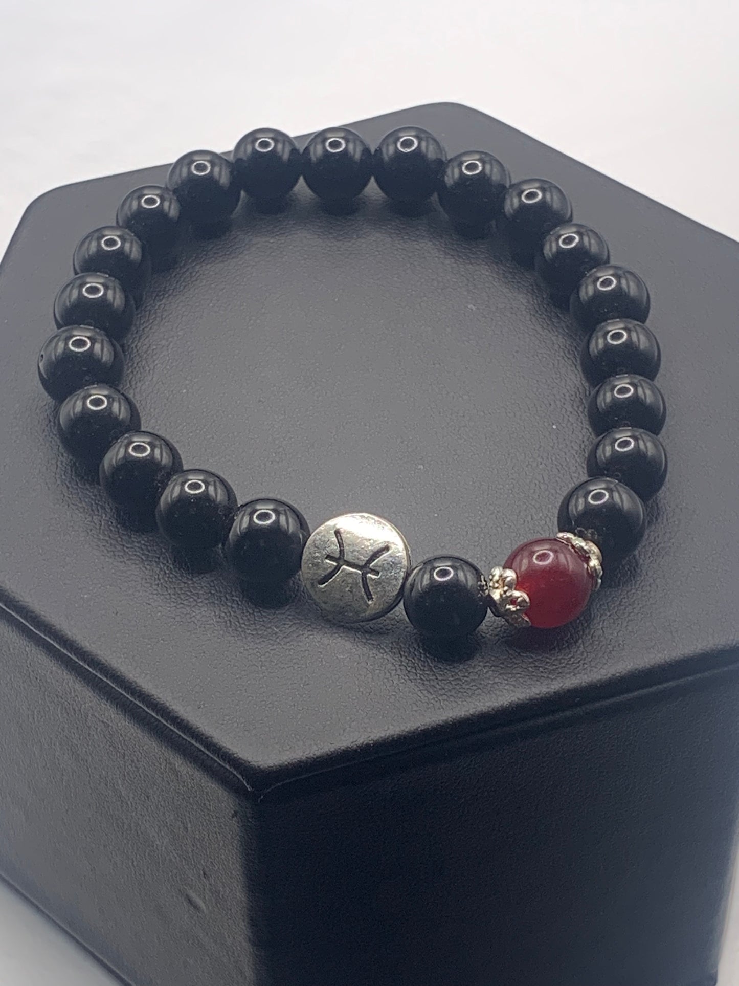 Pisces Zodiac black obsidian with red chalcedony elastic beaded bracelet with silver accents