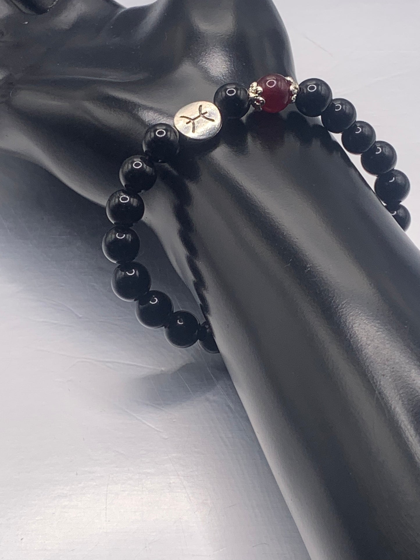 Pisces Zodiac black obsidian with red chalcedony elastic beaded bracelet with silver accents