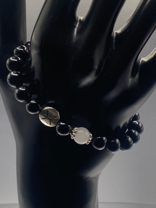 Pisces Zodiac black obsidian with white chalcedony elastic beaded bracelet with silver accents
