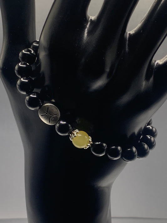 Pisces Zodiac black obsidian with yellow agate elastic beaded bracelet with silver accents