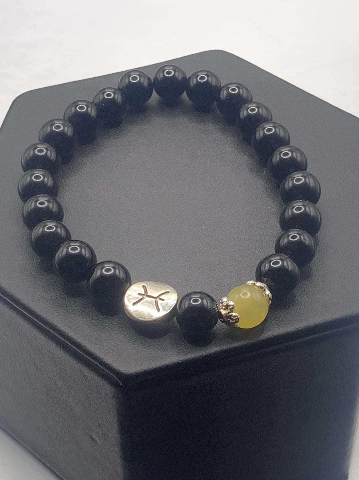 Pisces Zodiac black obsidian with yellow agate elastic beaded bracelet with silver accents