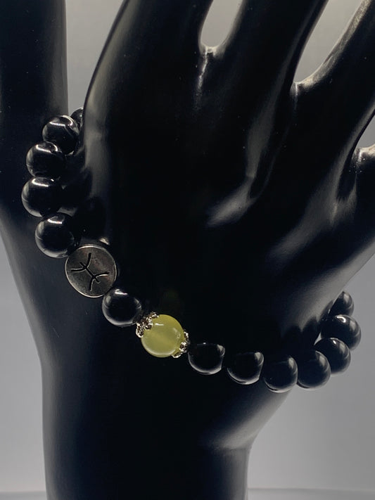 Pisces Zodiac black obsidian with apple agate elastic beaded bracelet with silver accents