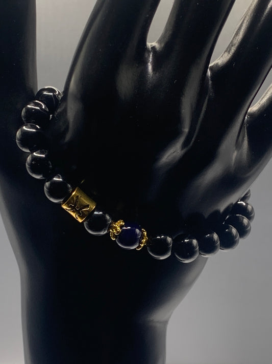 Pisces Zodiac black obsidian with blue lace agate elastic beaded bracelet with gold accents