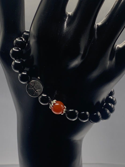 Pisces Zodiac black obsidian with red agate elastic beaded bracelet with silver accents