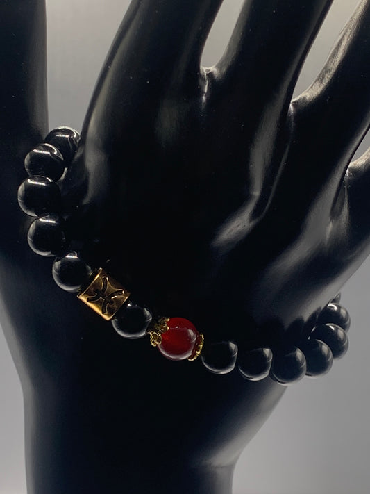 Pisces Zodiac black obsidian with red chalcedony elastic beaded bracelet with gold accents