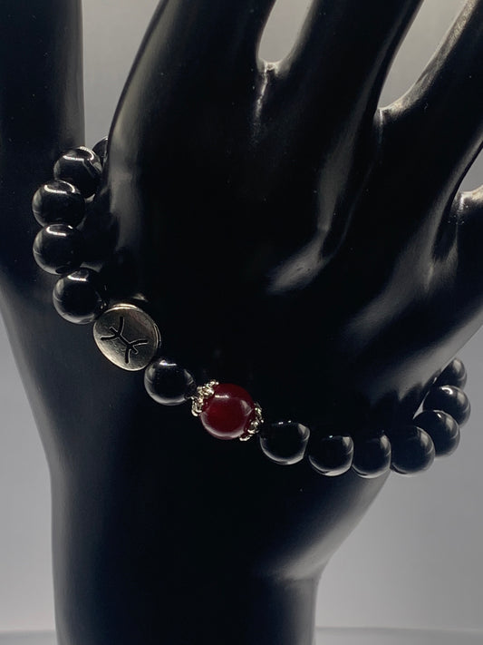 Pisces Zodiac black obsidian with red chalcedony elastic beaded bracelet with silver accents