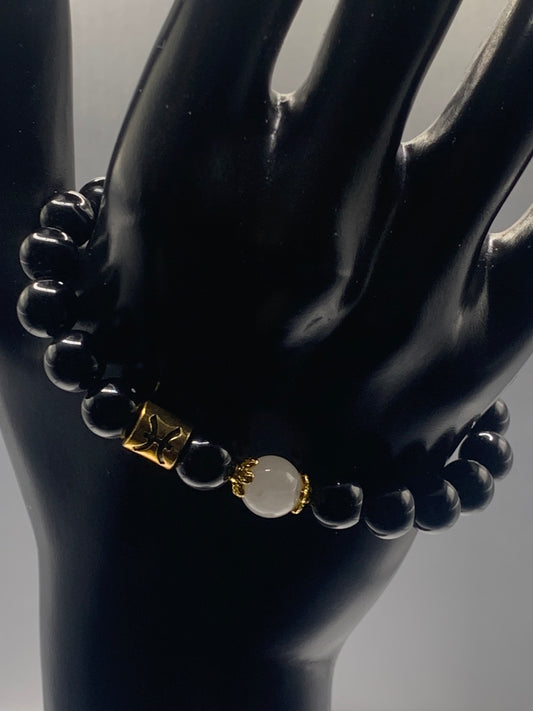 Pisces Zodiac black obsidian with white chalcedony elastic beaded bracelet with gold accents