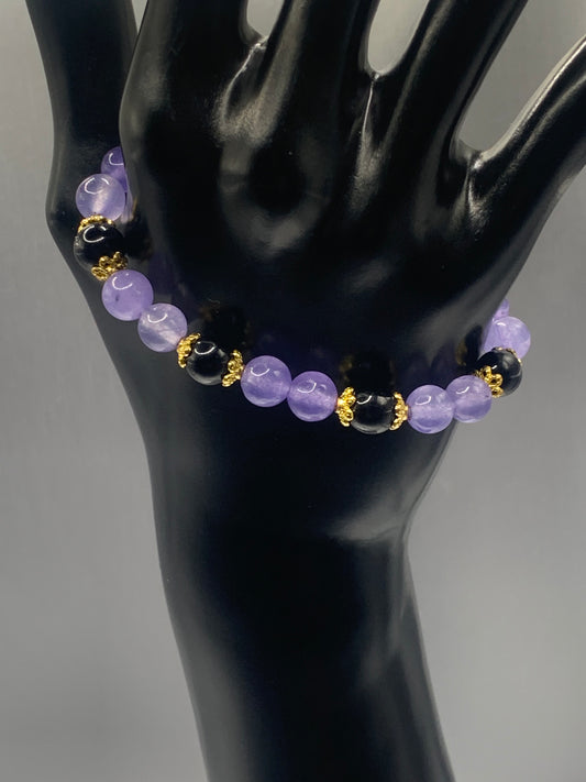 Black obsidian with purple agate semi precious stone/crystal beaded elastic bracelet with gold plated flower bead caps