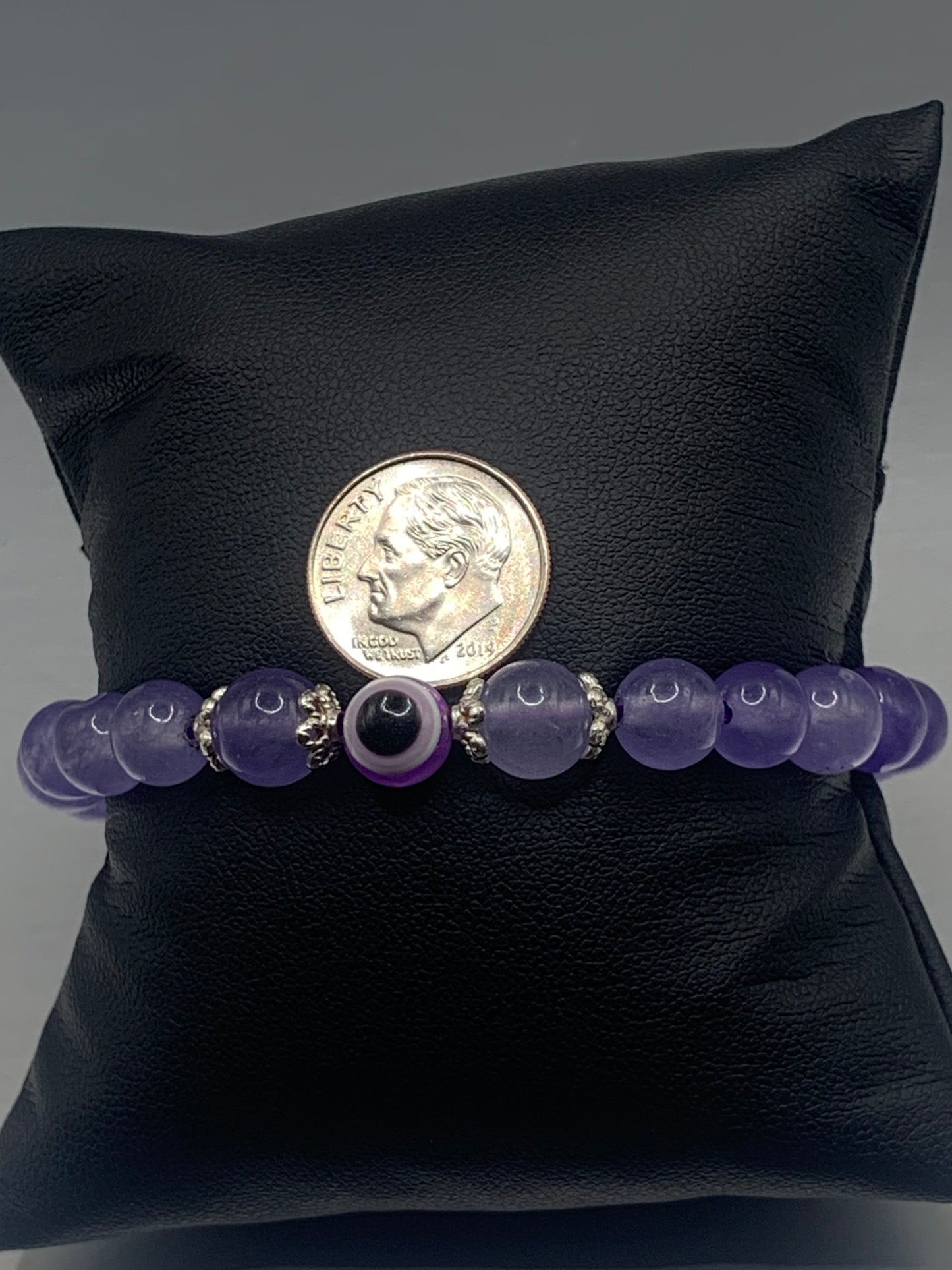 Purple agate semi precious stone/crystal with resin evil eye beaded elastic bracelet