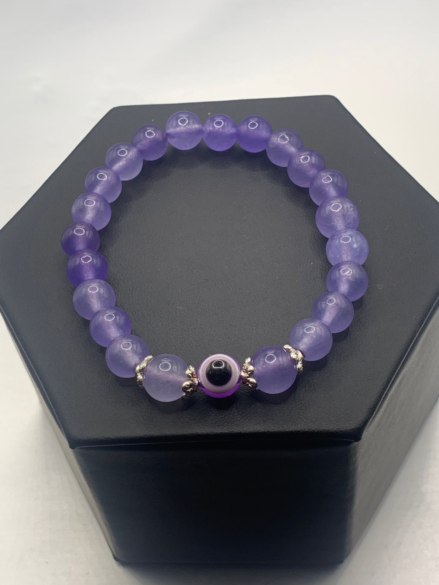 Purple agate semi precious stone/crystal with resin evil eye beaded elastic bracelet