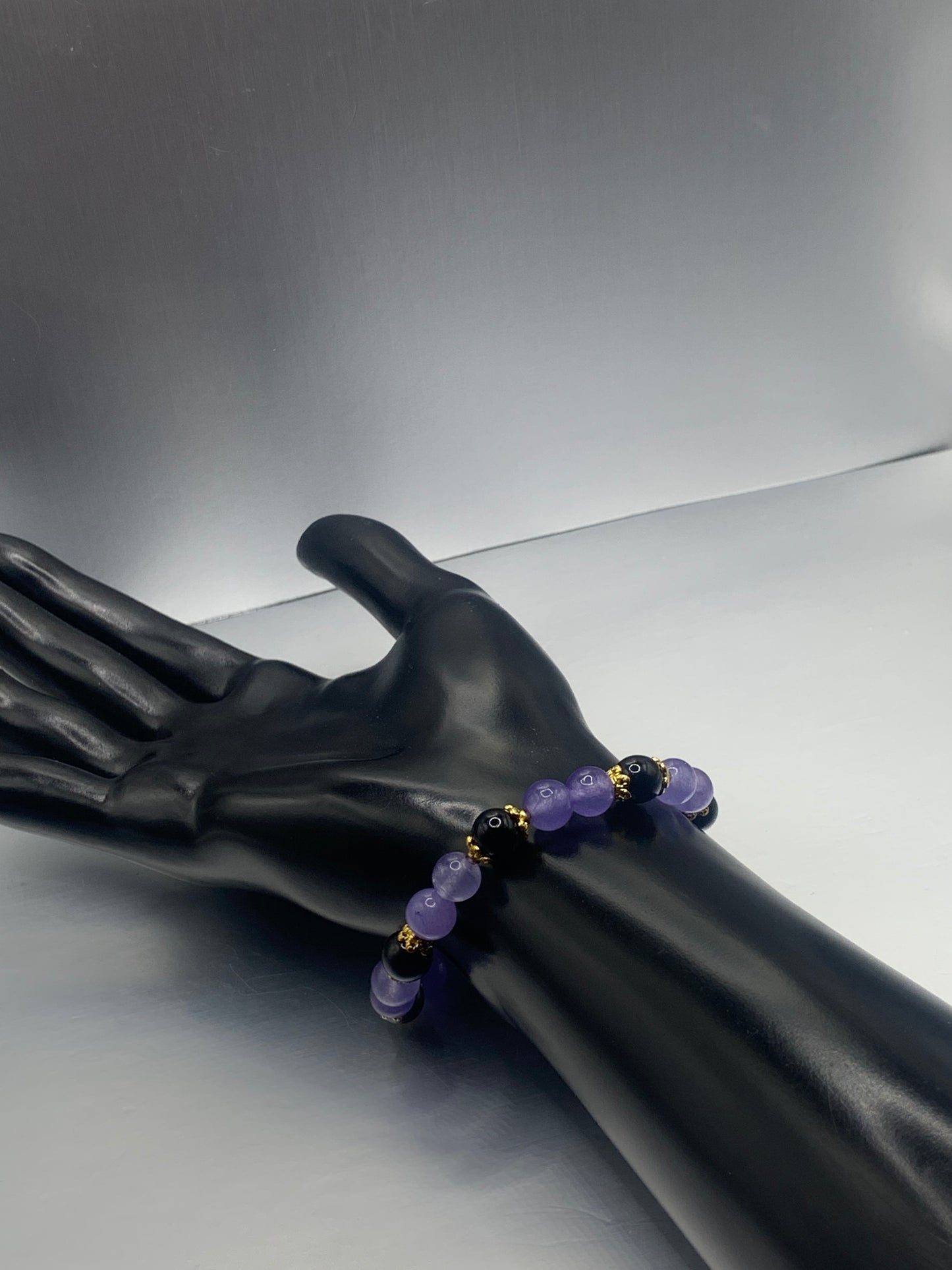 Black obsidian with purple agate semi precious stone/crystal beaded elastic bracelet with gold plated flower bead caps