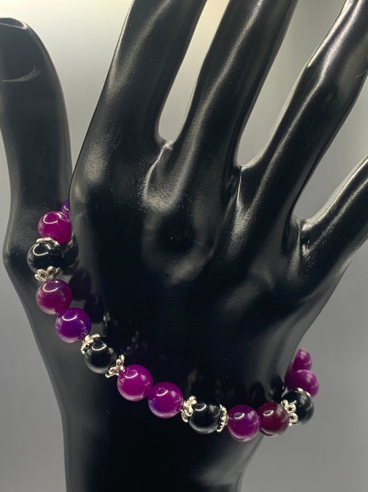 Black obsidian with purple blue chalcedony semi precious stone/crystal beaded elastic bracelet with silver plated flower bead caps