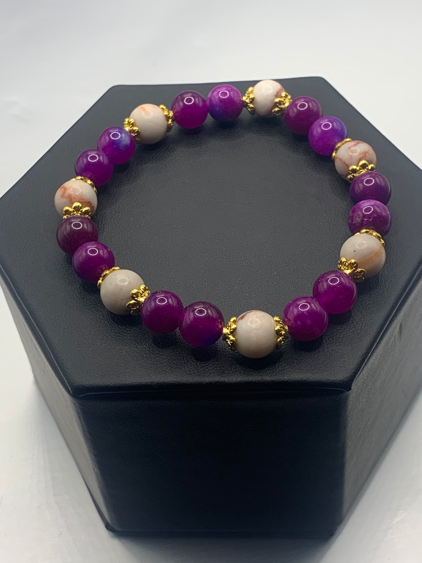 Red vein jasper and purple blue chalcedony semi precious stone/crystal elastic beaded bracelet with gold plated flower bead caps
