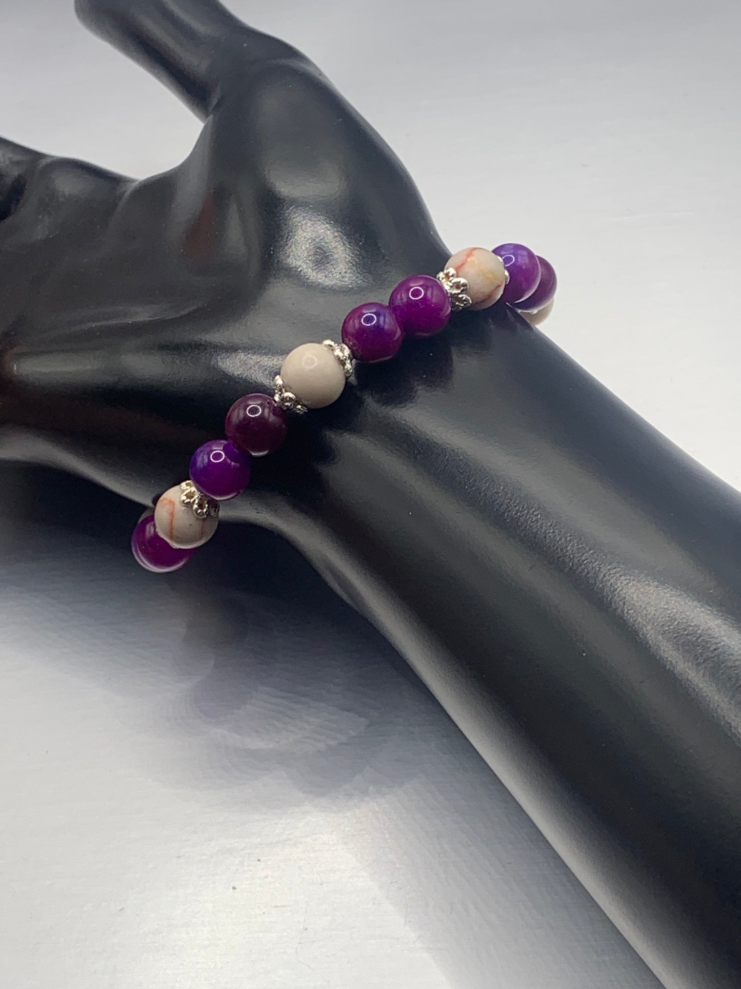 Red vein jasper and purple blue chalcedony semi precious stone/crystal elastic beaded bracelet with silver plated flower bead caps
