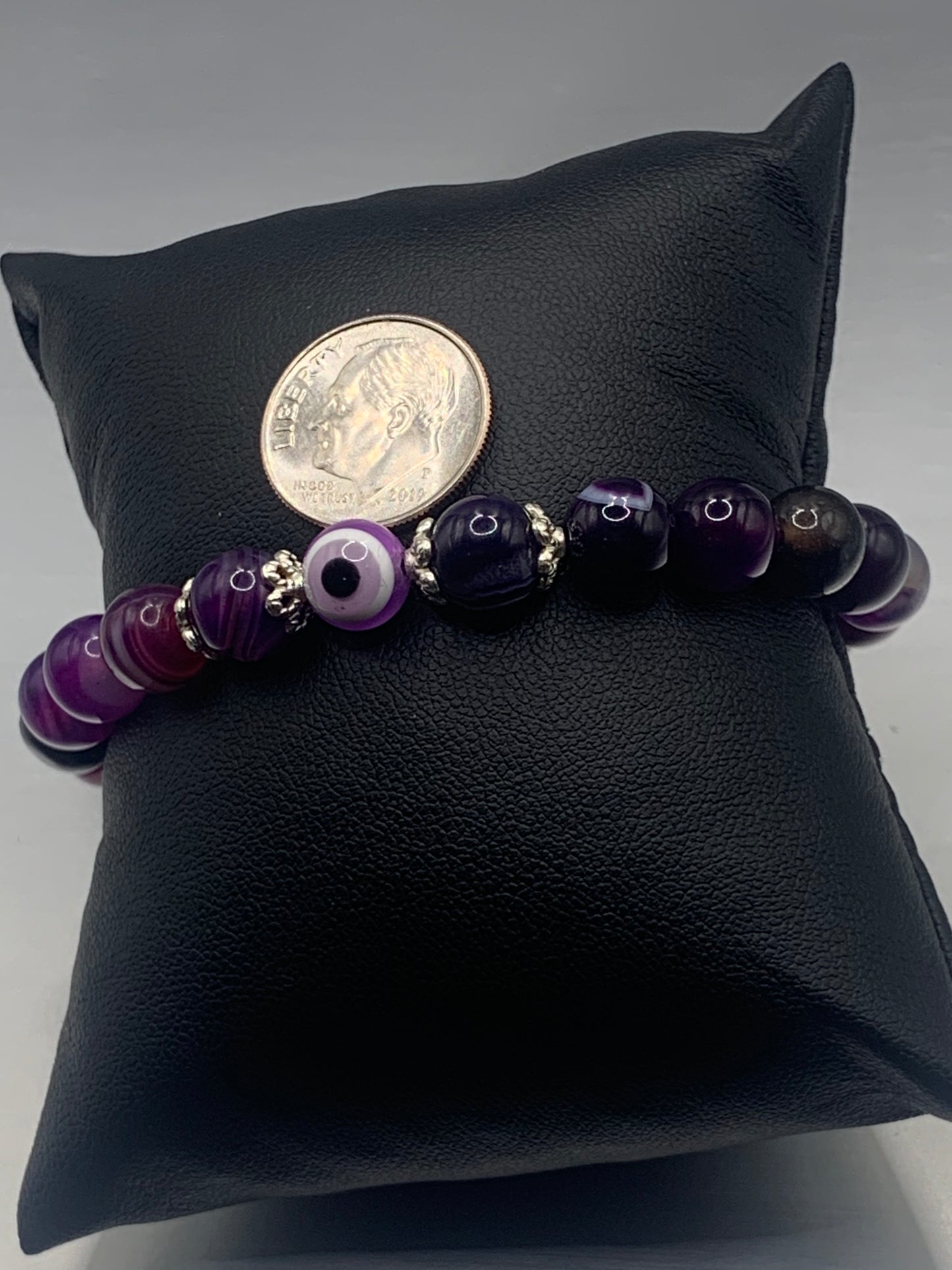 Purple lace agate semi precious stone/crystal with resin evil eye beaded elastic bracelet