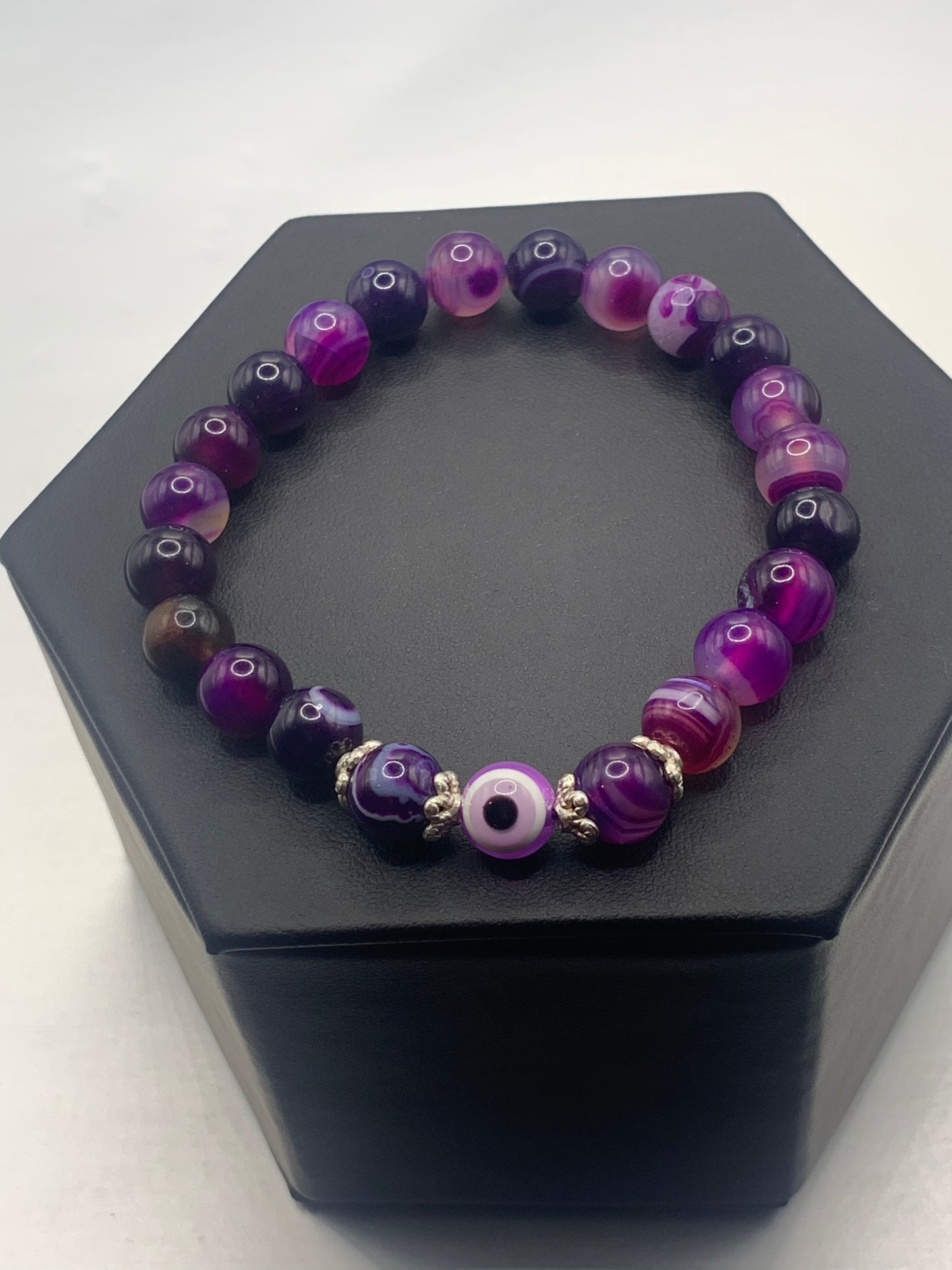 Purple lace agate semi precious stone/crystal with resin evil eye beaded elastic bracelet